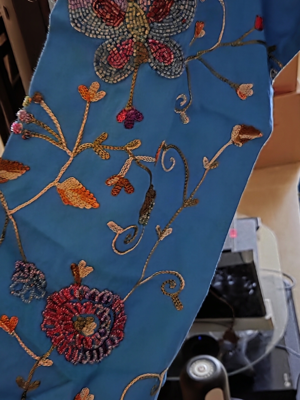 Teal Embroidered Cotton Jacket with Floral Hand Beaded Motif - Picture 3 of 4
